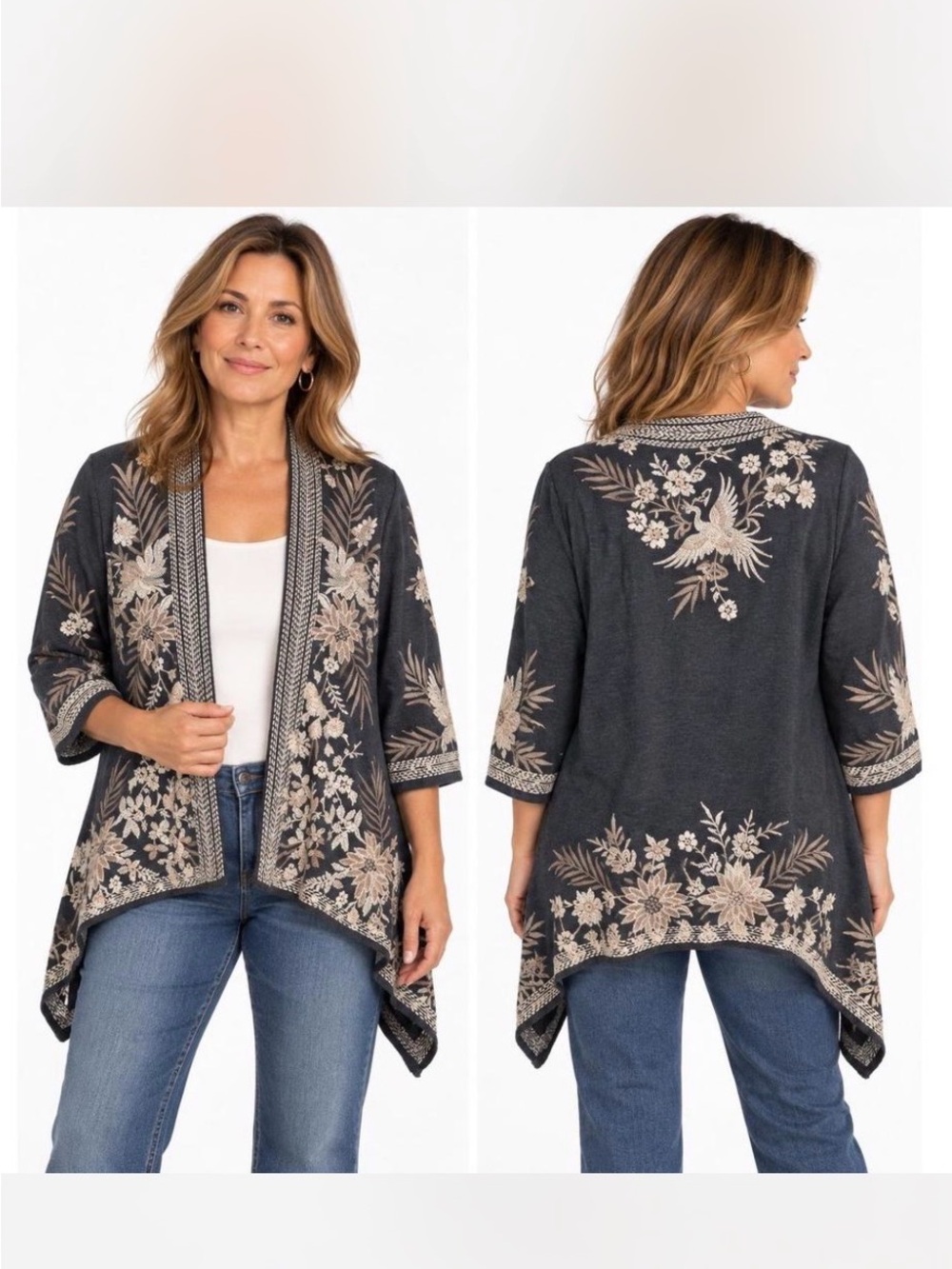 Johnny Was Charcoal Open-Front Embroidered Cardigan with Beige Floral Motif